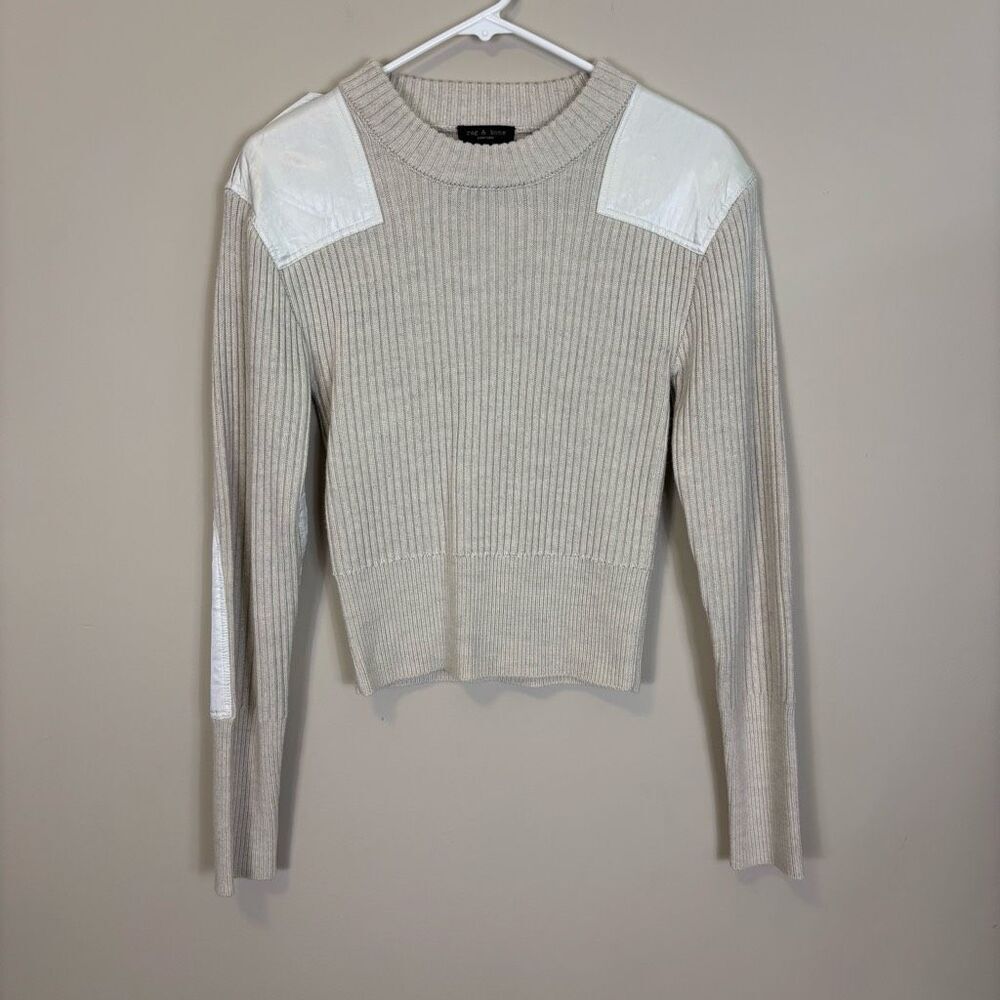 Rag & Bone Cream Ribbed 100% Wool with White Satin Elbow Pads Cropped Sweater